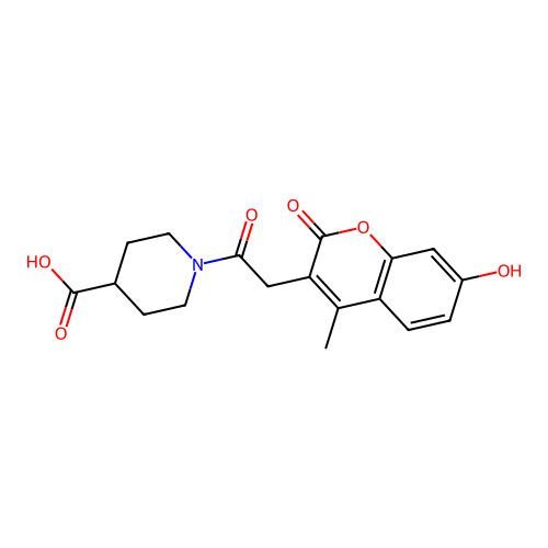 1-[(7-hydroxy-4-methyl-2-oxo-2H-chromen-3-yl)acetyl]piperidine-4-carboxylic acid structure