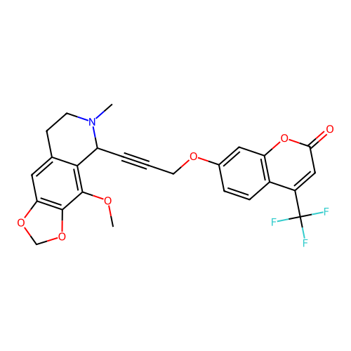 7-((3-(4-methoxy-6-methyl-5,6,7,8-tetrahydro-[1,3]dioxolo[4,5-g]isoquinolin-5-yl)prop-2-yn-1-yl)oxy)-4-(trifluoromethyl)-2H-chromen-2-one structure