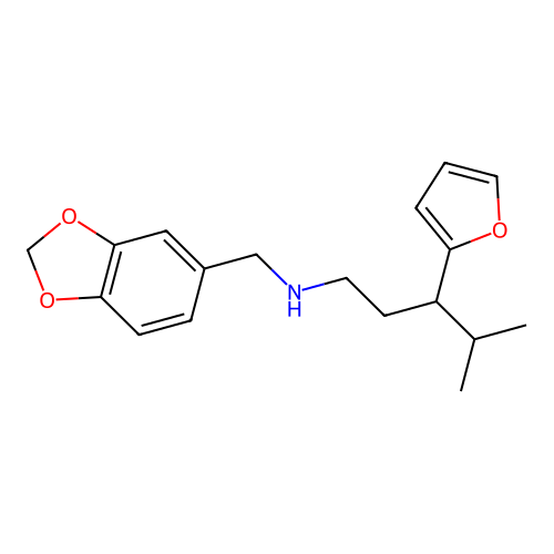 N-(1,3-benzodioxol-5-ylmethyl)-3-(furan-2-yl)-4-methylpentan-1-amine structure