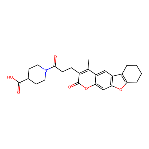 1-(3-(4-methyl-2-oxo-6,7,8,9-tetrahydro-2H-benzofuro[3,2-g]chromen-3-yl)propanoyl)piperidine-4-carboxylic acid structure