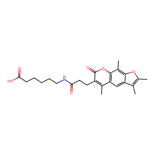 6-(3-(2,3,5,9-tetramethyl-7-oxo-7H-furo[3,2-g]chromen-6-yl)propanamido)hexanoic acid structure