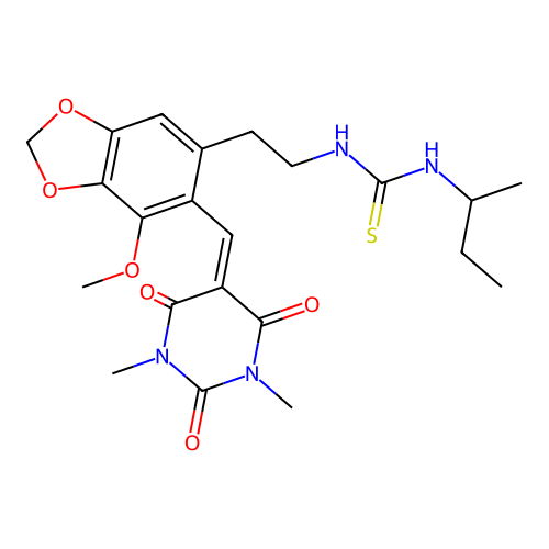 1-(sec-butyl)-3-(2-(6-((1,3-dimethyl-2,4,6-trioxotetrahydropyrimidin-5(2H)-ylidene)methyl)-7-methoxybenzo[d][1,3]dioxol-5-yl)ethyl)thiourea structure