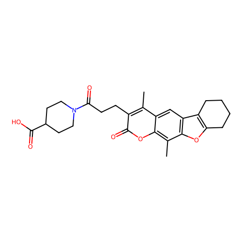 1-(3-(4,11-dimethyl-2-oxo-6,7,8,9-tetrahydro-2H-benzofuro[3,2-g]chromen-3-yl)propanoyl)piperidine-4-carboxylic acid structure