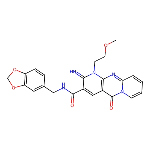 N-(1,3-benzodioxol-5-ylmethyl)-2-imino-1-(2-methoxyethyl)-5-oxo-1,5-dihydro-2H-dipyrido[1,2-a:2',3'-d]pyrimidine-3-carboxamide structure