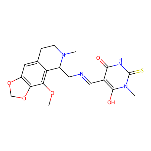 (E)-5-((((4-methoxy-6-methyl-5,6,7,8-tetrahydro-[1,3]dioxolo[4,5-g]isoquinolin-5-yl)methyl)amino)methylene)-1-methyl-2-thioxodihydropyrimidine-4,6(1H,5H)-dione structure