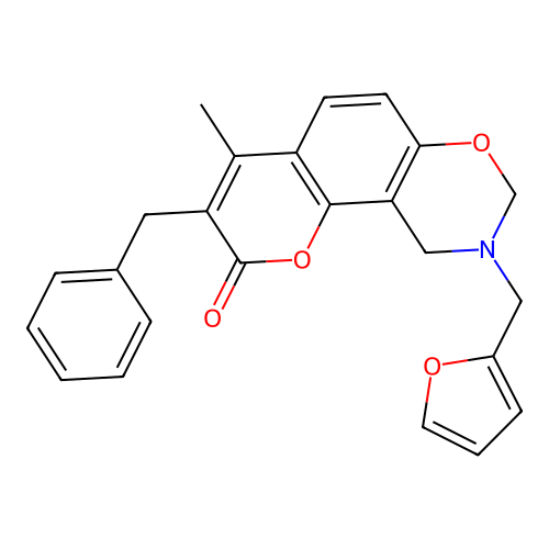 3-benzyl-9-(2-furylmethyl)-4-methyl-9,10-dihydro-2H,8H-chromeno[8,7-e][1,3]oxazin-2-one structure