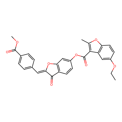 (2Z)-2-[4-(methoxycarbonyl)benzylidene]-3-oxo-2,3-dihydro-1-benzofuran-6-yl 5-ethoxy-2-methyl-1-benzofuran-3-carboxylate structure