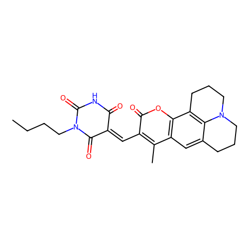 1-butyl-5-((9-methyl-11-oxo-2,3,5,6,7,11-hexahydro-1H-pyrano[2,3-f]pyrido[3,2,1-ij]quinolin-10-yl)methylene)pyrimidine-2,4,6(1H,3H,5H)-trione structure