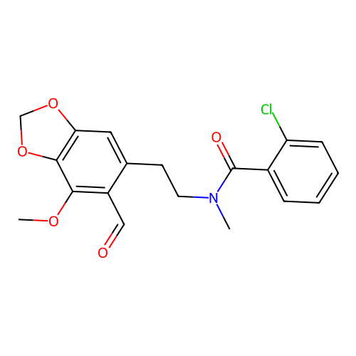 2-chloro-N-[2-(6-formyl-7-methoxy-1,3-benzodioxol-5-yl)ethyl]-N-methylbenzamide structure