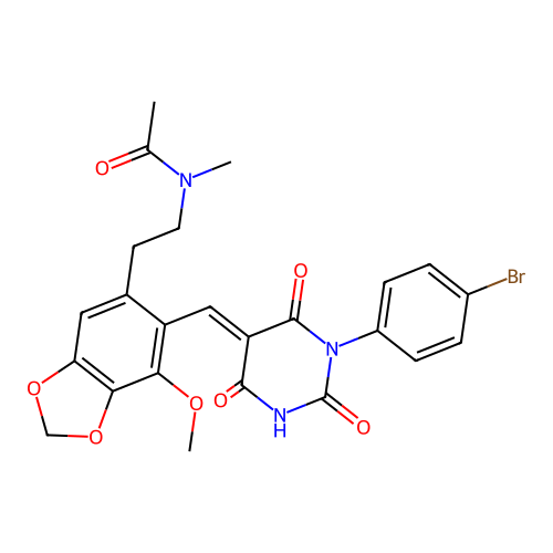 N-(2-(6-((1-(4-bromophenyl)-2,4,6-trioxotetrahydropyrimidin-5(2H)-ylidene)methyl)-7-methoxybenzo[d][1,3]dioxol-5-yl)ethyl)-N-methylacetamide structure