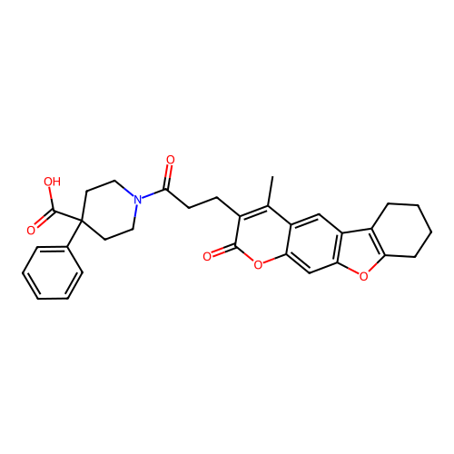 1-(3-(4-methyl-2-oxo-6,7,8,9-tetrahydro-2H-benzofuro[3,2-g]chromen-3-yl)propanoyl)-4-phenylpiperidine-4-carboxylic acid structure