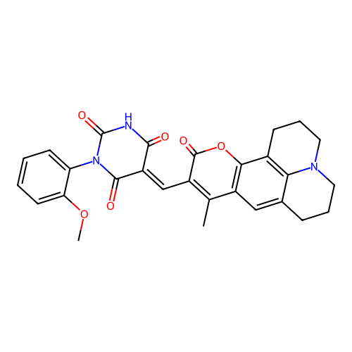 1-(2-methoxyphenyl)-5-((9-methyl-11-oxo-2,3,5,6,7,11-hexahydro-1H-pyrano[2,3-f]pyrido[3,2,1-ij]quinolin-10-yl)methylene)pyrimidine-2,4,6(1H,3H,5H)-trione structure