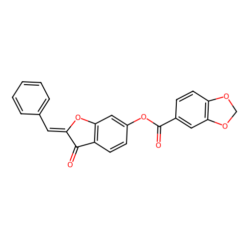 (2Z)-2-benzylidene-3-oxo-2,3-dihydro-1-benzofuran-6-yl 1,3-benzodioxole-5-carboxylate structure