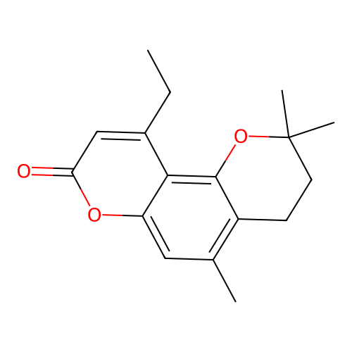 10-ethyl-2,2,5-trimethyl-3,4-dihydro-2H,8H-pyrano[2,3-f]chromen-8-one structure