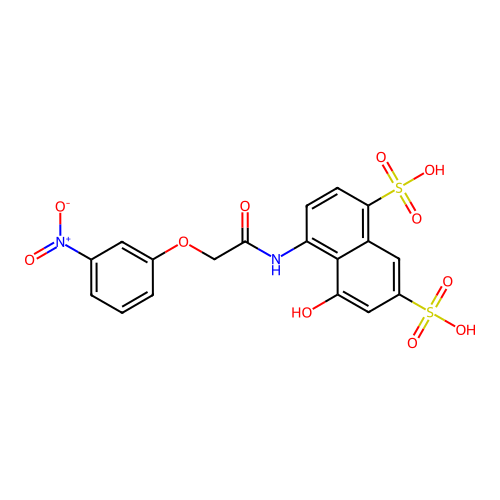 5-Hydroxy-4-(((3-nitrophenoxy)acetyl)amino)naphthalene-1,7-disulphonic acid structure