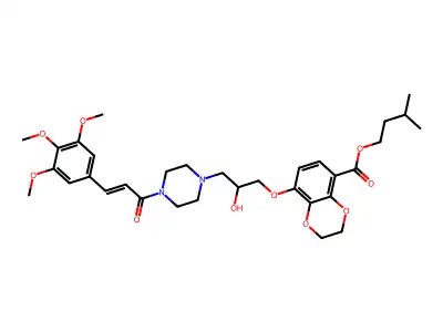 3-methylbutyl 5-[2-hydroxy-3-[4-[3-(3,4,5-trimethoxyphenyl)prop-2-enoyl]piperazin-1-yl]propoxy]-2,3-dihydro-1,4-benzodioxine-8-carboxylate structure