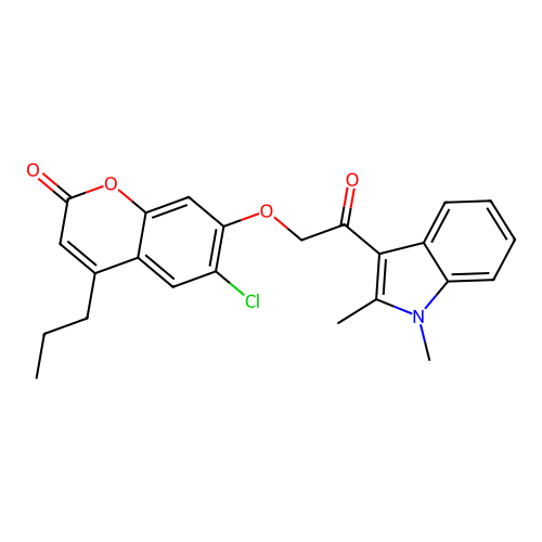 6-chloro-7-(2-(1,2-dimethyl-1H-indol-3-yl)-2-oxoethoxy)-4-propyl-2H-chromen-2-one structure