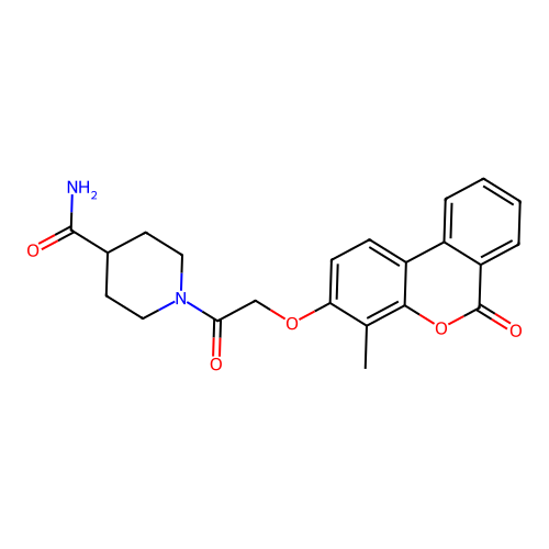1-(2-((4-methyl-6-oxo-6H-benzo[c]chromen-3-yl)oxy)acetyl)piperidine-4-carboxamide structure