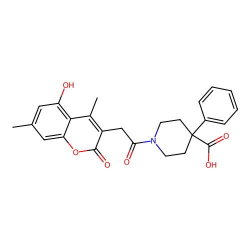 1-(2-(5-hydroxy-4,7-dimethyl-2-oxo-2H-chromen-3-yl)acetyl)-4-phenylpiperidine-4-carboxylic acid structure