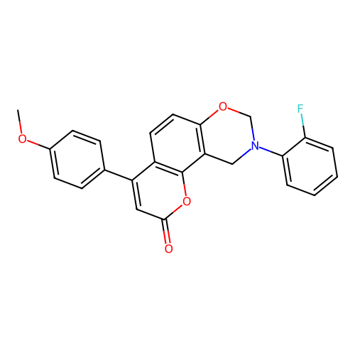 9-(2-fluorophenyl)-4-(4-methoxyphenyl)-9,10-dihydrochromeno[8,7-e][1,3]oxazin-2(8H)-one structure