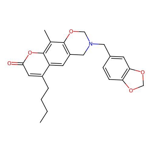 3-(benzo[d][1,3]dioxol-5-ylmethyl)-6-butyl-10-methyl-3,4-dihydrochromeno[6,7-e][1,3]oxazin-8(2H)-one structure