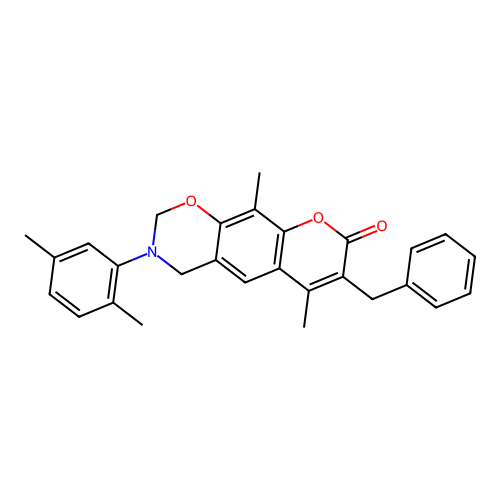 7-benzyl-3-(2,5-dimethylphenyl)-6,10-dimethyl-3,4-dihydrochromeno[6,7-e][1,3]oxazin-8(2H)-one structure