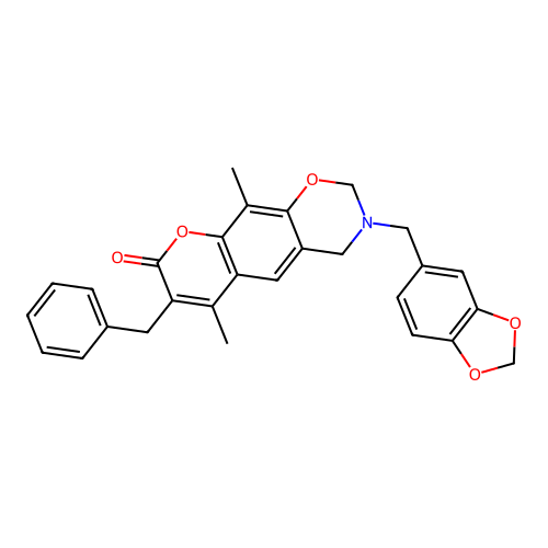 3-(benzo[d][1,3]dioxol-5-ylmethyl)-7-benzyl-6,10-dimethyl-3,4-dihydrochromeno[6,7-e][1,3]oxazin-8(2H)-one structure