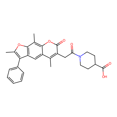 1-(2-(2,5,9-trimethyl-7-oxo-3-phenyl-7H-furo[3,2-g]chromen-6-yl)acetyl)piperidine-4-carboxylic acid structure