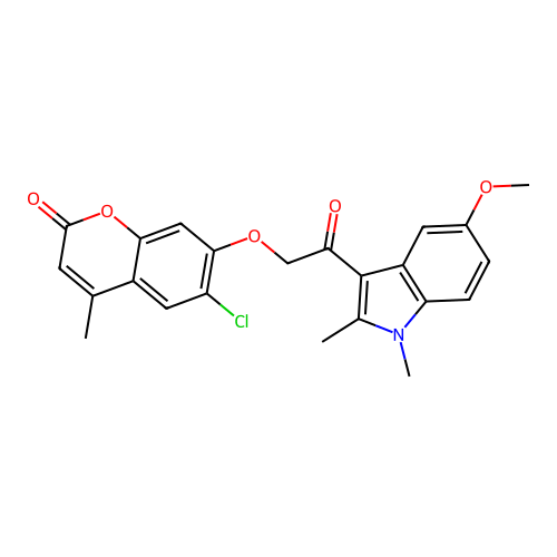 6-chloro-7-(2-(5-methoxy-1,2-dimethyl-1H-indol-3-yl)-2-oxoethoxy)-4-methyl-2H-chromen-2-one structure