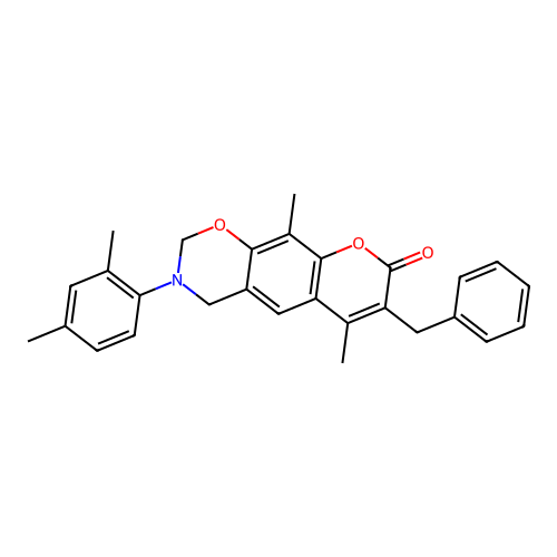 7-benzyl-3-(2,4-dimethylphenyl)-6,10-dimethyl-3,4-dihydrochromeno[6,7-e][1,3]oxazin-8(2H)-one structure