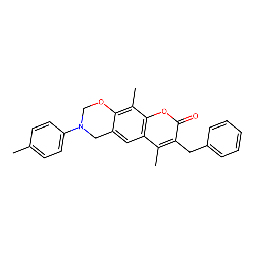 7-benzyl-6,10-dimethyl-3-(p-tolyl)-3,4-dihydrochromeno[6,7-e][1,3]oxazin-8(2H)-one structure