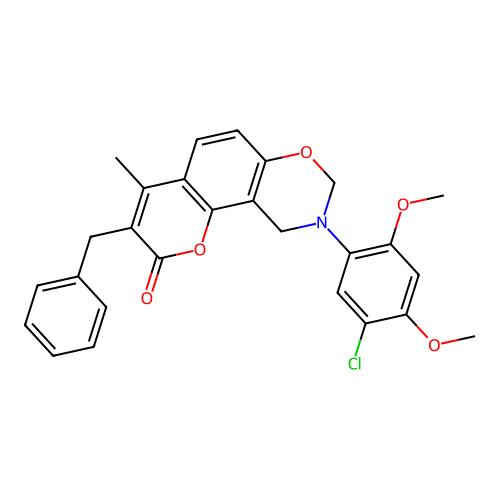 3-benzyl-9-(5-chloro-2,4-dimethoxyphenyl)-4-methyl-9,10-dihydrochromeno[8,7-e][1,3]oxazin-2(8H)-one structure