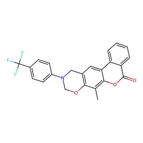 7-methyl-10-(4-(trifluoromethyl)phenyl)-10,11-dihydrobenzo[3,4]chromeno[6,7-e][1,3]oxazin-5(9H)-one structure
