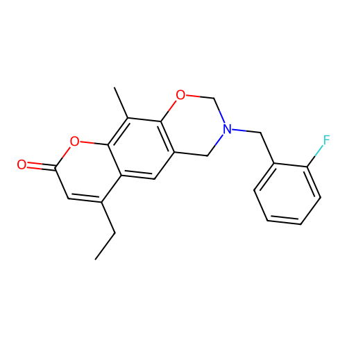 6-ethyl-3-(2-fluorobenzyl)-10-methyl-3,4-dihydrochromeno[6,7-e][1,3]oxazin-8(2H)-one structure