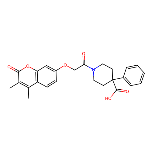 1-(2-((3,4-dimethyl-2-oxo-2H-chromen-7-yl)oxy)acetyl)-4-phenylpiperidine-4-carboxylic acid structure
