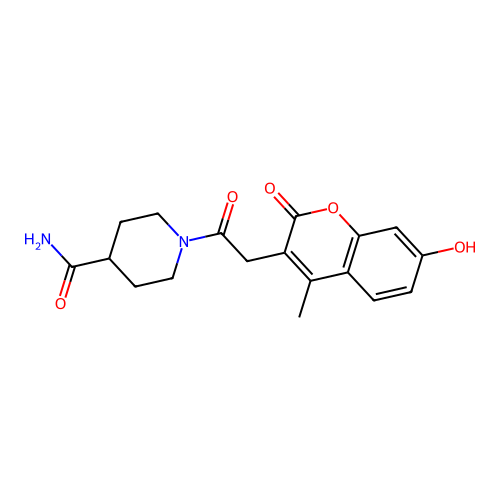 1-[(7-hydroxy-4-methyl-2-oxo-2H-chromen-3-yl)acetyl]piperidine-4-carboxamide structure