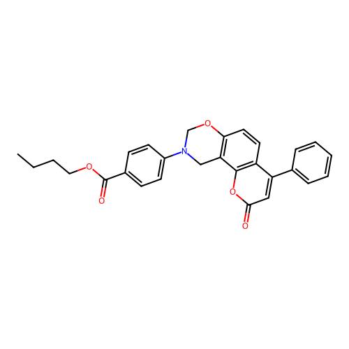 butyl 4-(2-oxo-4-phenylchromeno[8,7-e][1,3]oxazin-9(2H,8H,10H)-yl)benzoate structure