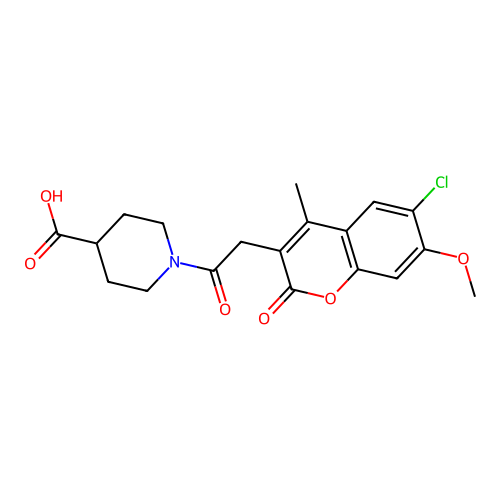 1-(2-(6-chloro-7-methoxy-4-methyl-2-oxo-2H-chromen-3-yl)acetyl)piperidine-4-carboxylic acid structure