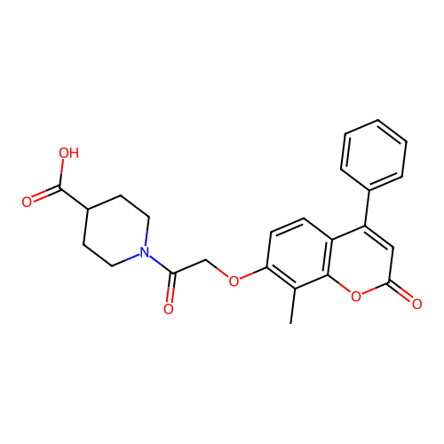 1-(2-((8-methyl-2-oxo-4-phenyl-2H-chromen-7-yl)oxy)acetyl)piperidine-4-carboxylic acid structure