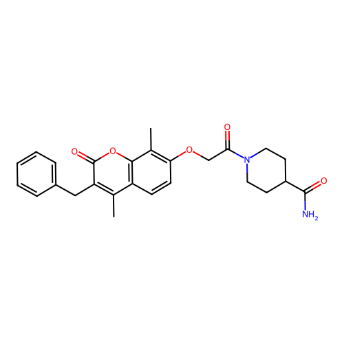 1-(2-((3-benzyl-4,8-dimethyl-2-oxo-2H-chromen-7-yl)oxy)acetyl)piperidine-4-carboxamide structure