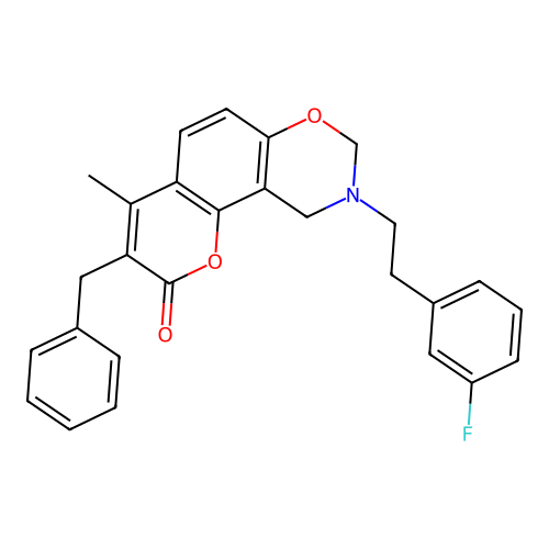 3-benzyl-9-(3-fluorophenethyl)-4-methyl-9,10-dihydrochromeno[8,7-e][1,3]oxazin-2(8H)-one structure