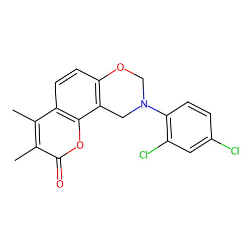 9-(2,4-dichlorophenyl)-3,4-dimethyl-9,10-dihydrochromeno[8,7-e][1,3]oxazin-2(8H)-one structure