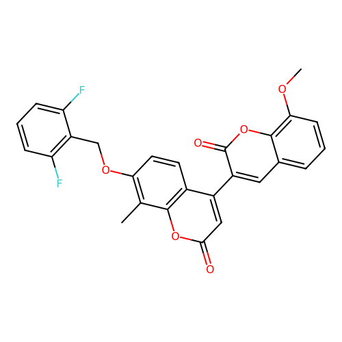 7'-((2,6-difluorobenzyl)oxy)-8-methoxy-8'-methyl-2H,2'H-[3,4'-bichromene]-2,2'-dione structure