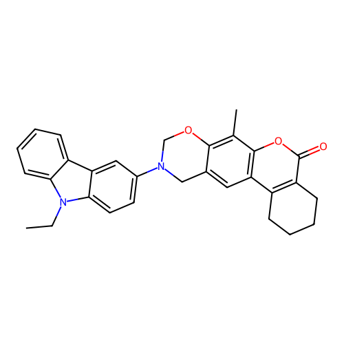 10-(9-ethyl-9H-carbazol-3-yl)-7-methyl-1,2,3,4,10,11-hexahydrobenzo[3,4]chromeno[6,7-e][1,3]oxazin-5(9H)-one structure