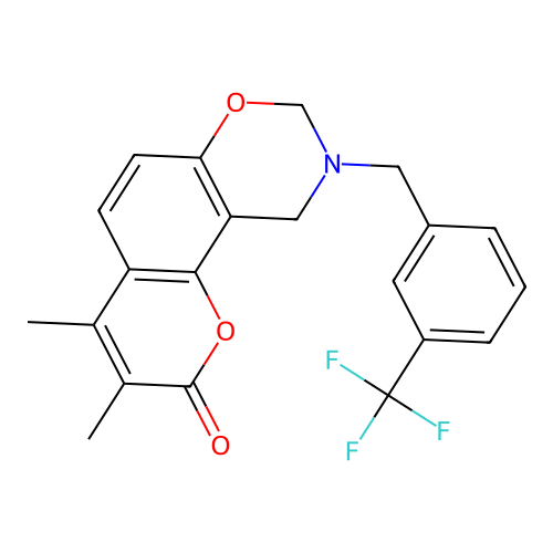 3,4-dimethyl-9-(3-(trifluoromethyl)benzyl)-9,10-dihydrochromeno[8,7-e][1,3]oxazin-2(8H)-one structure