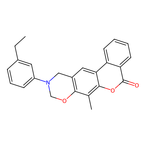 10-(3-ethylphenyl)-7-methyl-10,11-dihydrobenzo[3,4]chromeno[6,7-e][1,3]oxazin-5(9H)-one structure