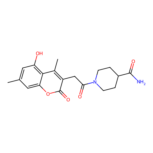1-[(5-hydroxy-4,7-dimethyl-2-oxo-2H-chromen-3-yl)acetyl]piperidine-4-carboxamide structure