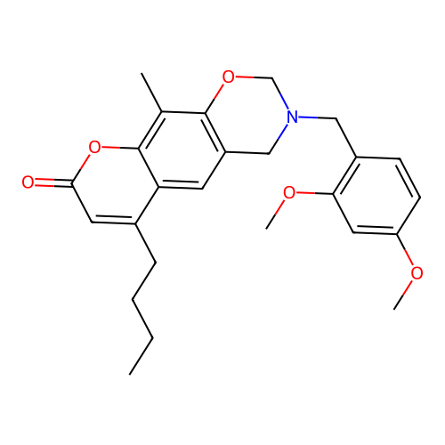 6-butyl-3-(2,4-dimethoxybenzyl)-10-methyl-3,4-dihydrochromeno[6,7-e][1,3]oxazin-8(2H)-one structure