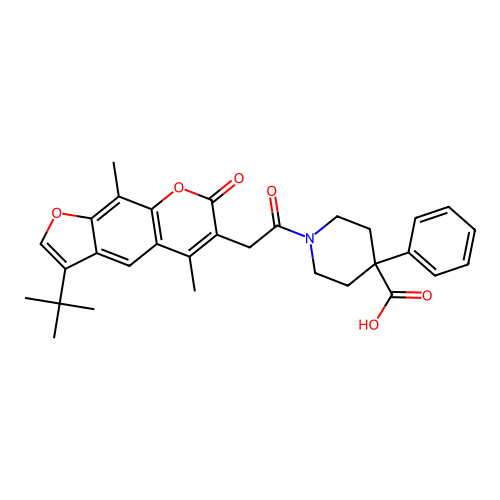 1-(2-(3-(tert-butyl)-5,9-dimethyl-7-oxo-7H-furo[3,2-g]chromen-6-yl)acetyl)-4-phenylpiperidine-4-carboxylic acid structure