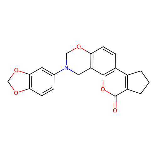 3-(benzo[d][1,3]dioxol-5-yl)-3,4,8,9-tetrahydro-2H-cyclopenta[3,4]chromeno[8,7-e][1,3]oxazin-6(7H)-one structure